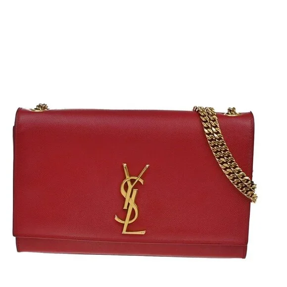 SAINT LAURENT YSL Logo 2Way Chain Shoulder Clutch Bag Red GHW Italy 22RF821 - Picture 1 of 16